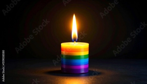 Obraz A single brightly lit rainbow candle burns in the dark A symbol of hope and remembrance
