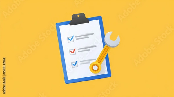 Fototapeta Minimal illustration of checklist clipboard with checkmarks and wrench, symbolizing tasks, maintenance, or repair work. design is simple and uses yellow background for contrast