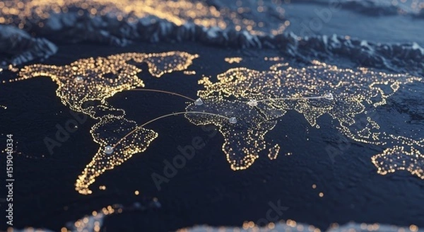 Fototapeta Global Data Network Map with City Lights and Connections