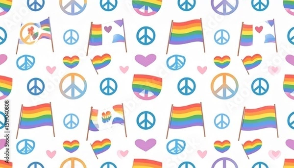 Obraz Vibrant Rainbow Pride Flag Peace Symbols Seamless Pattern Background LGBTQIA Love Hearts