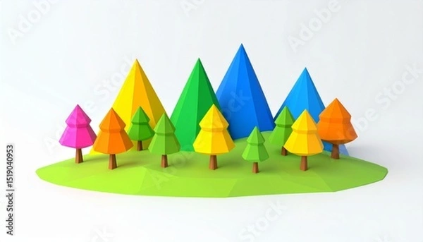 Obraz Colorful Low Poly Mountains and Trees 3D Render Illustration Ideal for Children's Book Illustrations