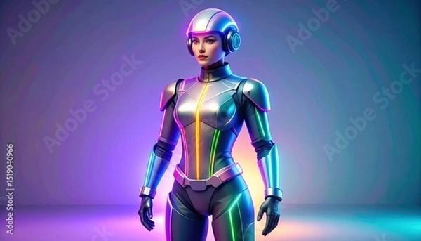 Obraz Futuristic Female Cyborg in Neon Lighting Posing for a Sci Fi Game or Film