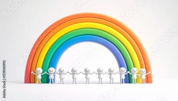 Fototapeta Happy figures holding hands under a vibrant rainbow arch symbolizing unity and joy