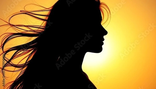 Fototapeta Side profile silhouette of a figure with long flowing hair, eyes closed, conveying serenity and self-acceptance,  inner peace,  feminine