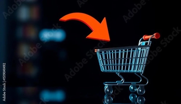 Fototapeta Shopping cart icon with large arrow pointing to empty space for product details,  arrow,  ecommerce marketing
