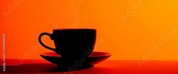 Fototapeta Silhouette of coffee cup and saucer with steam on vibrant orange background,  background,  vector