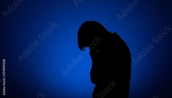 Fototapeta Silhouette of a bowed head against a somber, dark blue background with falling, translucent teardrop shapes,  somber,  sorrow