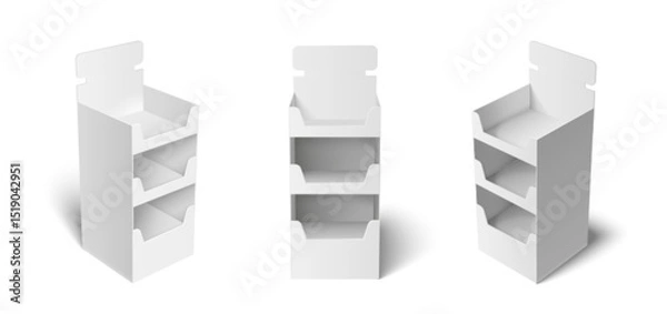 Fototapeta Set of white cardboard point of sale display stands with shelves. Blank retail product exhibitors, POI POS mock up isolated. 3d vector empty promotional countertop holders for branding designs.