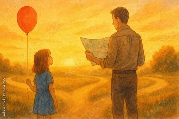 Fototapeta A girl with a red balloon stands beside a man holding a map at a fork in the road during sunset..Concept: Navigating life’s choices between innocence and direction.