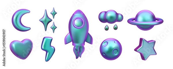 Fototapeta Space holographic icon set. Vector 3d metallic stickers, iridescent planets, moon, heart, star, rocket with fire. Y2k glossy illustration isolated on white background