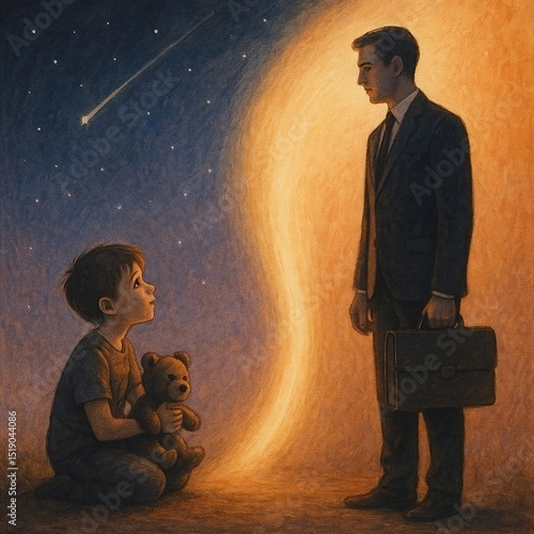 Fototapeta A child holding a teddy bear looks up at a businessman divided by a glowing barrier under a starry sky..Concept: Disconnection between childhood and adulthood.