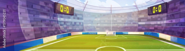 Fototapeta Cartoon soccer stadium interior with green field, white goal posts and net, digital scoreboards, circular arena with crowd stands, bright floodlights illuminating pitch for championship football match