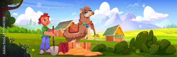 Fototapeta Cartoon boy with shovel finds wooden box with llama in country farm - child discovers buried parcel while fluffy animal jumping. Rural scene with houses and mountains, kid with decorated alpaca.