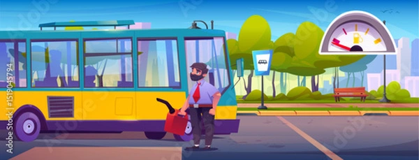 Fototapeta Bus driver fills empty vehicle with fuel from red canister at stop - bearded man in uniform carries canister to tank of public transport for city routes. Urban station with gauge meter, bench, trees