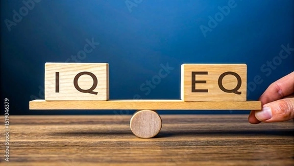 Obraz Wooden blocks showing iq and eq on seesaw symbolizing intelligence versus emotional quotient comparison
