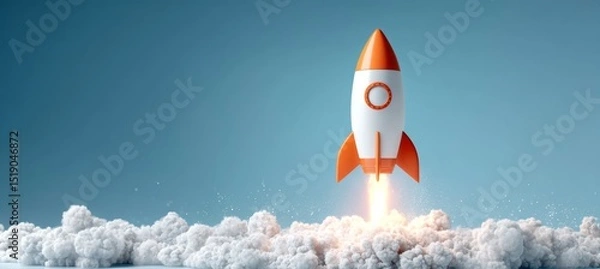 Fototapeta 3D rocket launch. Space galaxy exploration vehicle. Banner or social media copy space template. Generative AI technology.	
