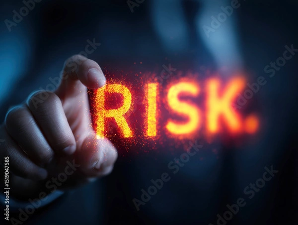Fototapeta Concept of risk illustrated with glowing text by a person in a suit