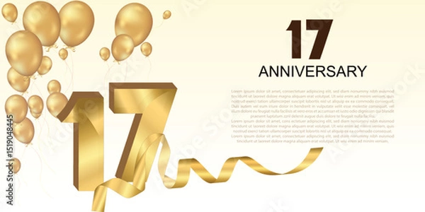 Fototapeta Elegant 17th anniversary celebration with golden balloons, ribbon, and bold 3D numbers. Perfect for greeting cards, banners, or party invitations. Luxurious and festive vector design