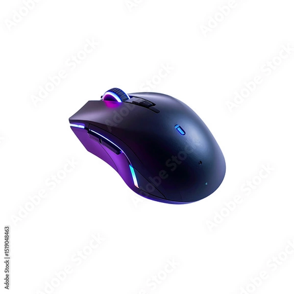 Fototapeta Modern wireless gaming mouse with purple blue rgb on transparent background game
