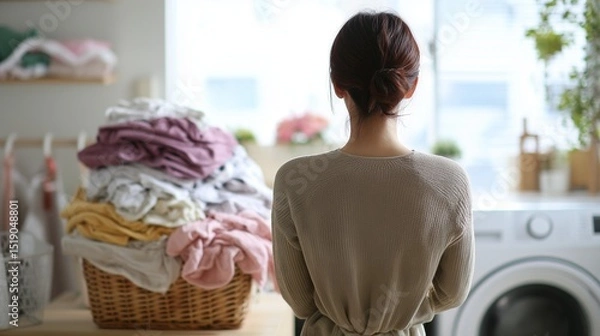 Obraz 溜まった洗濯物に途方に暮れる女性の後ろ姿