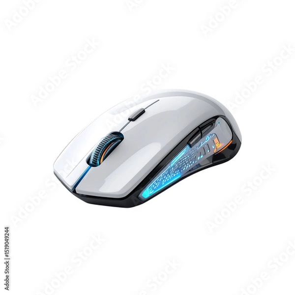 Fototapeta White wireless gaming computer mouse with blue led on transparent background 3d