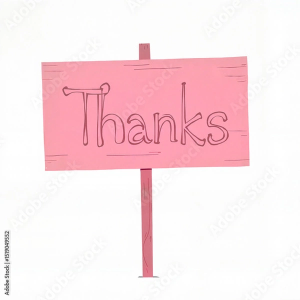 Obraz Vector-style illustration of a pink wooden sign with the word “Thanks” in playful handwritten font on white background with copy space