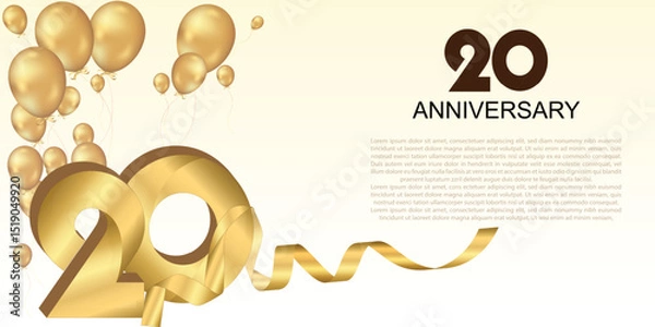 Fototapeta Elegant 20th anniversary celebration with golden balloons, ribbon, and bold 3D numbers. Perfect for greeting cards, banners, or party invitations. Luxurious and festive vector design
