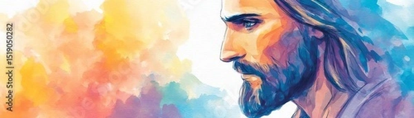 Fototapeta Jesus Christ with a long beard and mustache on an abstract background with copy space