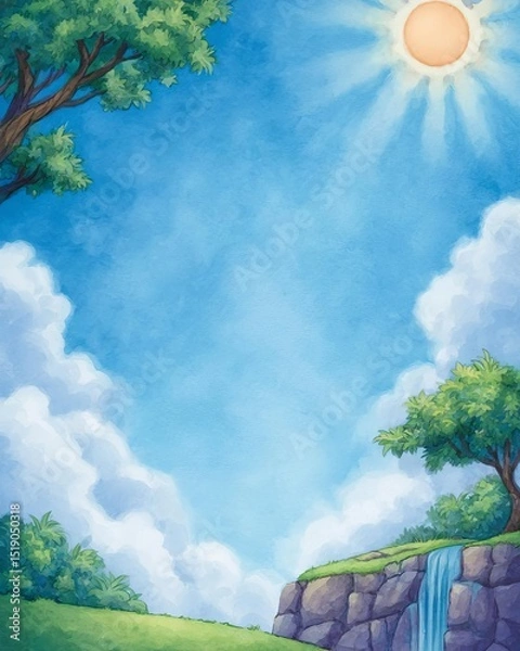 Fototapeta In the beginning God created the heavens and the earth Genesis 11 Landscape with a waterfall and a sun in the sky