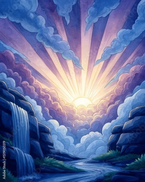 Fototapeta In the beginning God created the heavens and the earth Genesis 11 Landscape with a waterfall and a sun in the sky