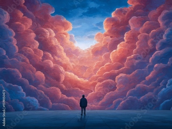 Fototapeta Faith Heavenly background Man looking at abstract painting of the heavens on wall in art gallery, rear view
