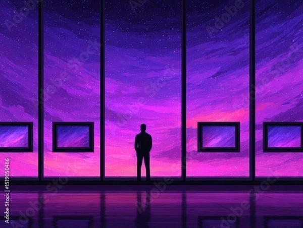 Fototapeta Faith Heavenly background Man looking at abstract painting of the heavens on wall in art gallery, rear view