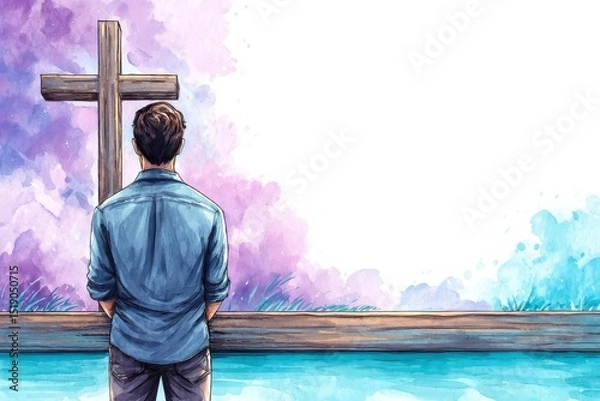 Fototapeta Christian man praying in front of the cross