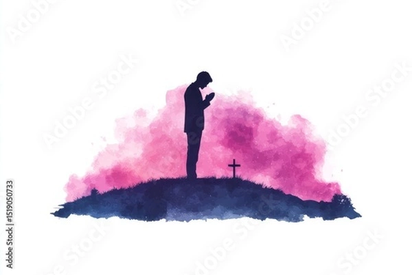 Fototapeta Christian man praying in front of the cross