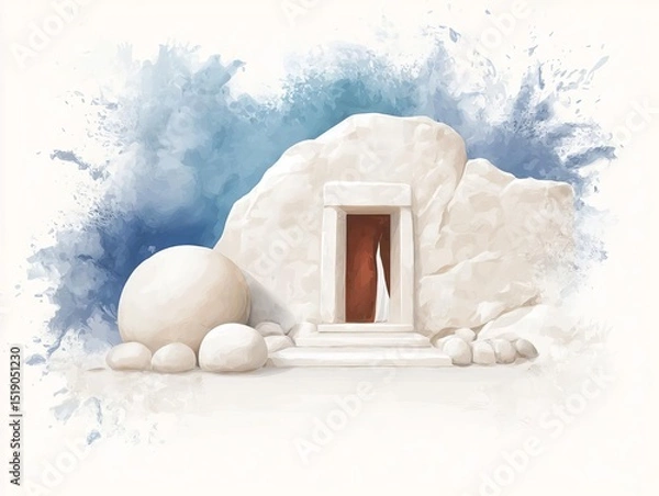 Fototapeta The empty tomb, with the stone rolled away Digital illustration