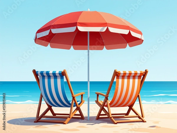 Obraz Two wooden beach chairs sit side by side under a vibrant umbrella, overlooking calm ocean waves on a sunny beach afternoon. Summer Holidays concept. Generative AI.