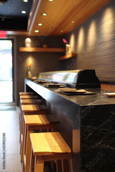 Fototapeta A sleek modern sushi bar features a black marble counter and wooden stools, illuminated by warm lighting, creating an inviting dining atmosphere