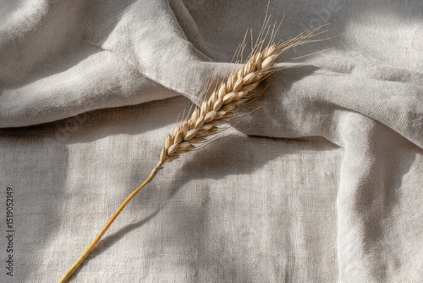 Fototapeta A single ear of barley rests diagonally across a textured linen surface, showcasing its golden grains and delicate awns under soft natural light