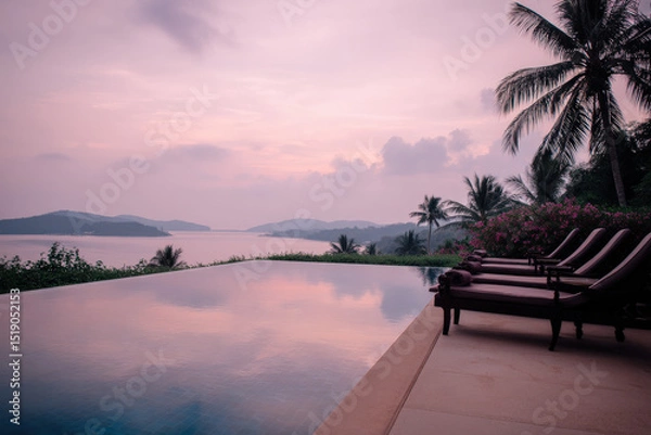 Fototapeta A sleek rooftop infinity pool reflects a serene sunset over the ocean, surrounded by palm trees and lush greenery creating a tranquil and luxurious atmosphere