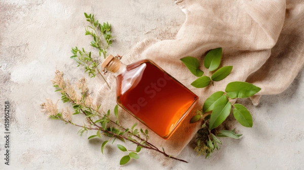 Fototapeta A square glass kombucha bottle sits on a textured linen surface surrounded by fresh herbs and greenery, creating a natural and organic aesthetic