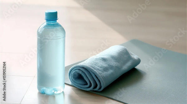 Fototapeta A tall water bottle with condensation rests beside a rolled-up towel on a yoga mat, illuminated by soft natural light in a serene indoor setting