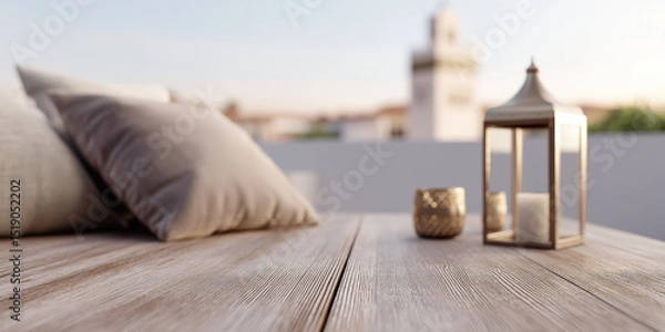 Fototapeta A teak wood tabletop adorned with a softly blurred outdoor setting features decorative pillows, a lantern, and a candle, creating a serene ambiance