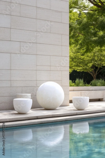Fototapeta A serene courtyard features a modern design with a reflective pool, elegant white planters, and a large spherical sculpture surrounded by lush greenery and textured walls
