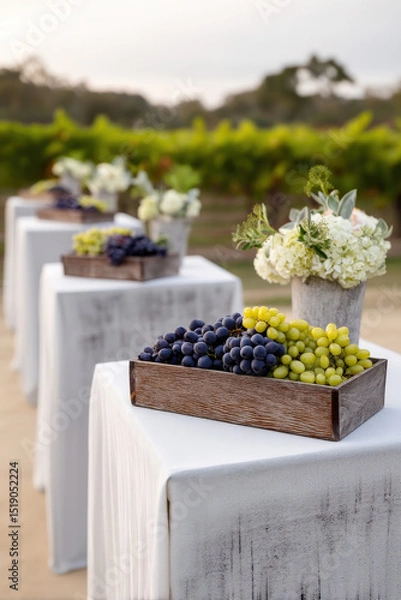 Fototapeta A beautiful vineyard setting with rustic stone tables displaying fresh grapes and floral arrangements, creating an inviting atmosphere for gatherings and celebrations