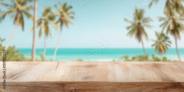 Fototapeta A wooden tabletop in the foreground with a blurred view of a tropical beach featuring palm trees and turquoise water in the background