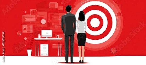 Fototapeta Businessman and businesswoman looking at goal target. Business focus aim for success achievement. Generative AI technology.