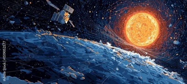 Fototapeta Satellite on planet orbit and sun. interstellar astronomy science .Generative AI technology.	
