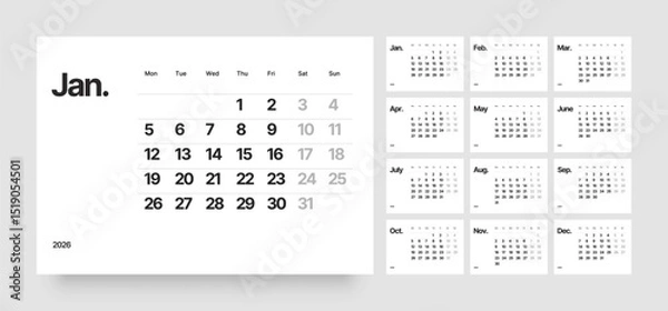 Fototapeta Monthly calendar layout for 2026 year. Diary planner for 2026 year. Week Starts on Monday. 