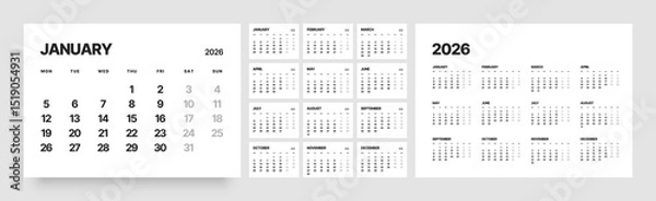 Fototapeta Monthly calendar layout for 2026 year. Diary planner for 2026 year. Week Starts on Monday. 
