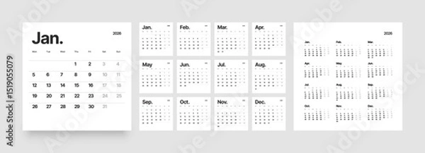 Fototapeta Monthly calendar layout for 2026 year. Planner Square diary for 2026 year. Week Starts on Monday. 